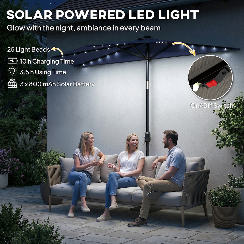 image 1 of Outsunny 2.6 m Half Parasol with Solar Lights, UPF50+ Semi Round Umbrella | Blue | Dark Grey | 265 x 135 x 239 cm