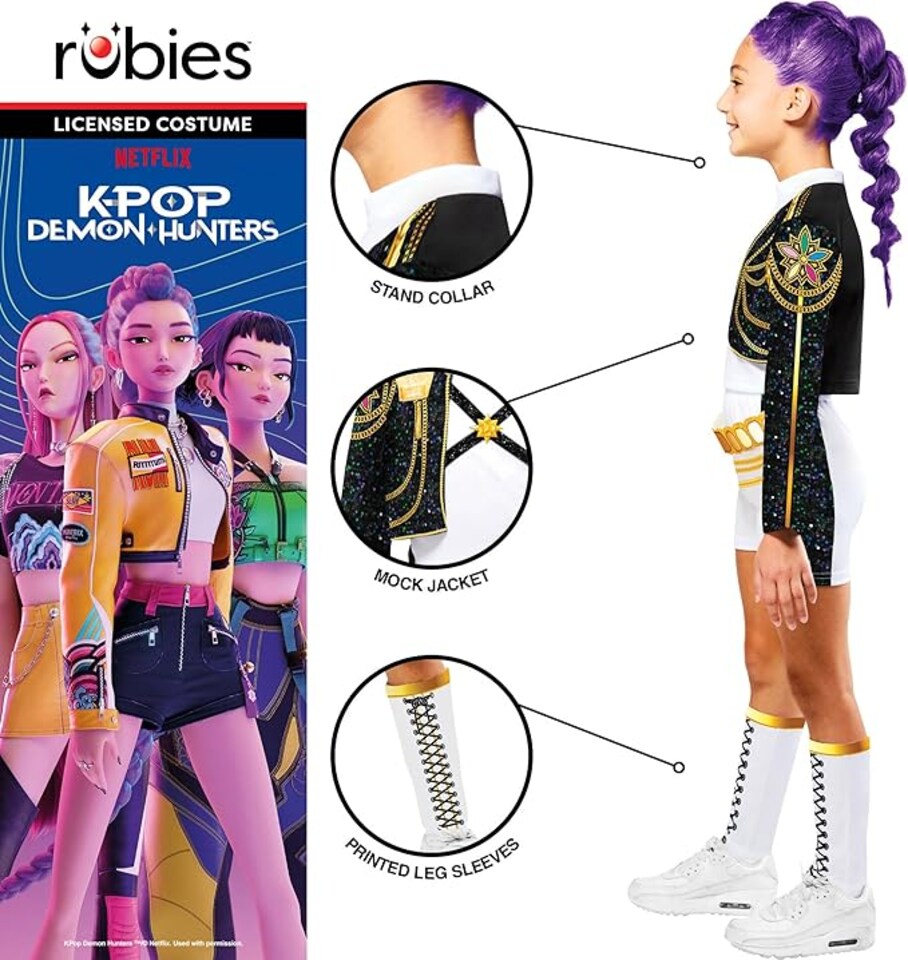 image 1 of Rubie's Official Netflix K-Pop Demon Hunters Deluxe Rumi Costume | Glitter Bolero Jacket, Top, Shorts, Belt & Boot Covers | Girls Fancy Dress | Officially Licensed Golden Child Halloween Costume | Kids Sizes