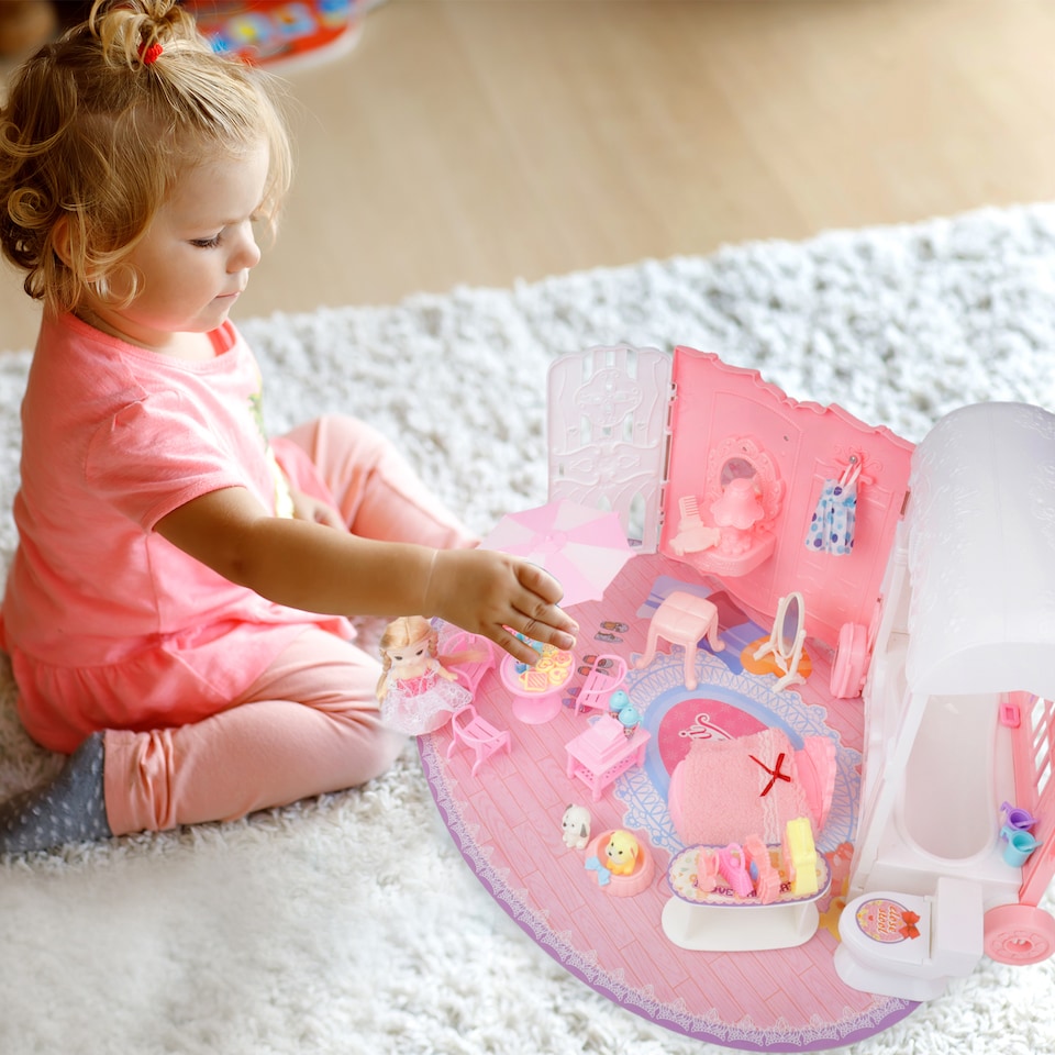 image 1 of Princess Carriage Dollhouse Playset – Portable Suitcase with 2 Dolls & 50+ Accessories