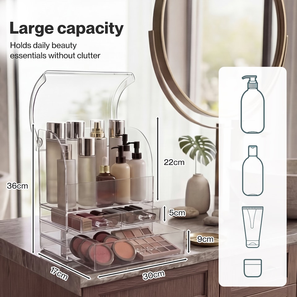 image 1 of ilus Makeup Storage Organiser Acrylic Cosmetics Organizer Beauty Transparent | Silver | Silver