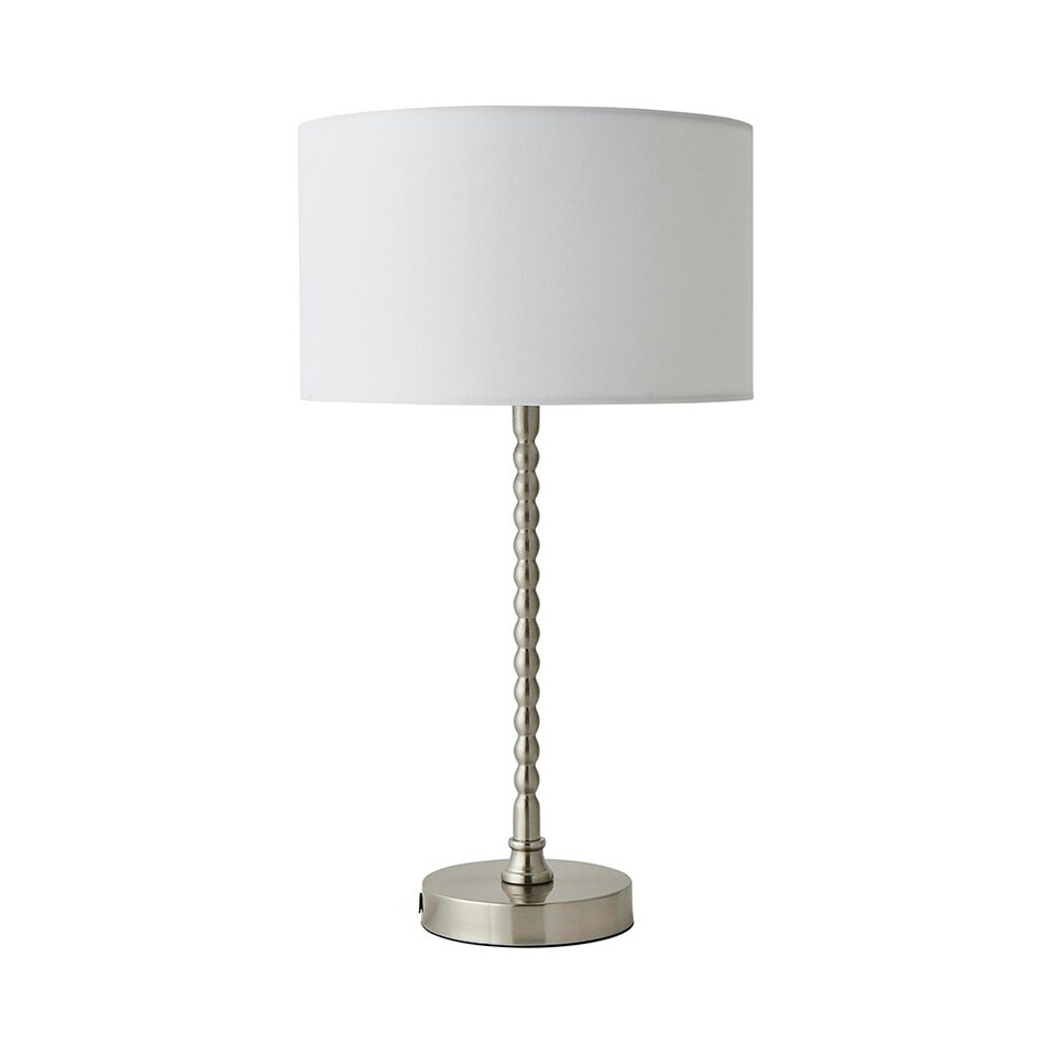image 1 of ValueLights Maeve White Fabric Drum Lamp Shade Brushed Chrome Bobbin Bobble Table Lamp Silver
