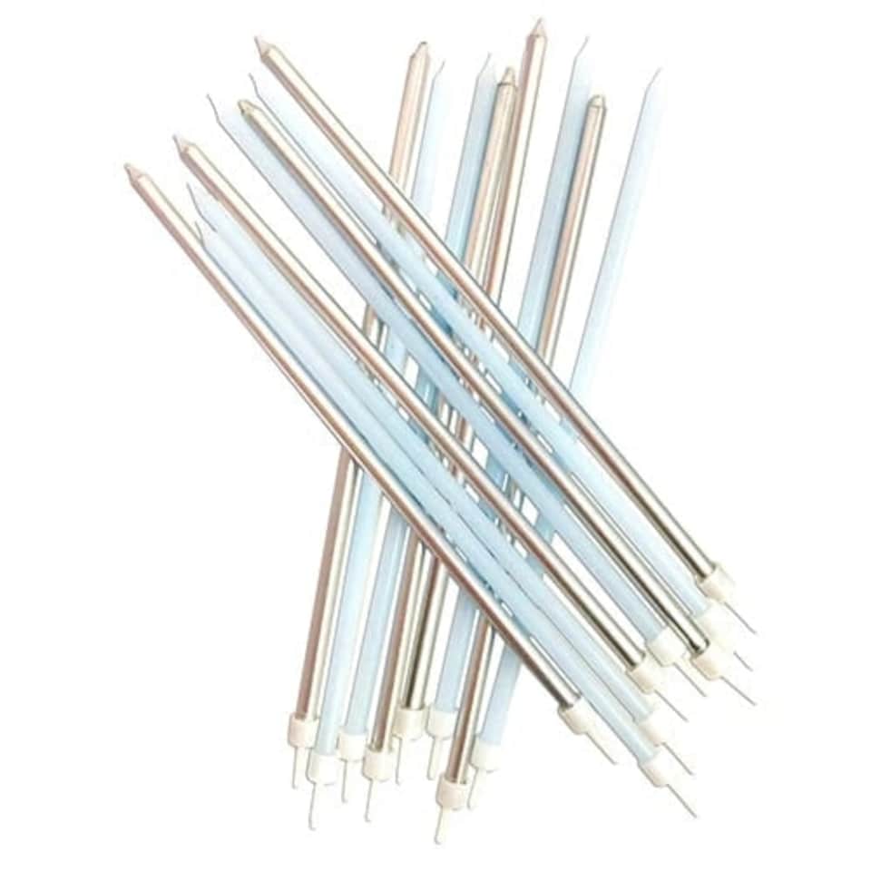 Pastel Blue And Metallic Silver Extra Tall Cake Candles With Holders 18cm - Pack of 16