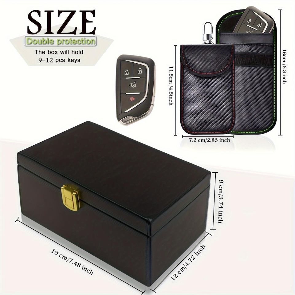 image 1 of Dyzi Faraday Key Box with 2 Signal Blocking Pouches Black Key Fob Protector