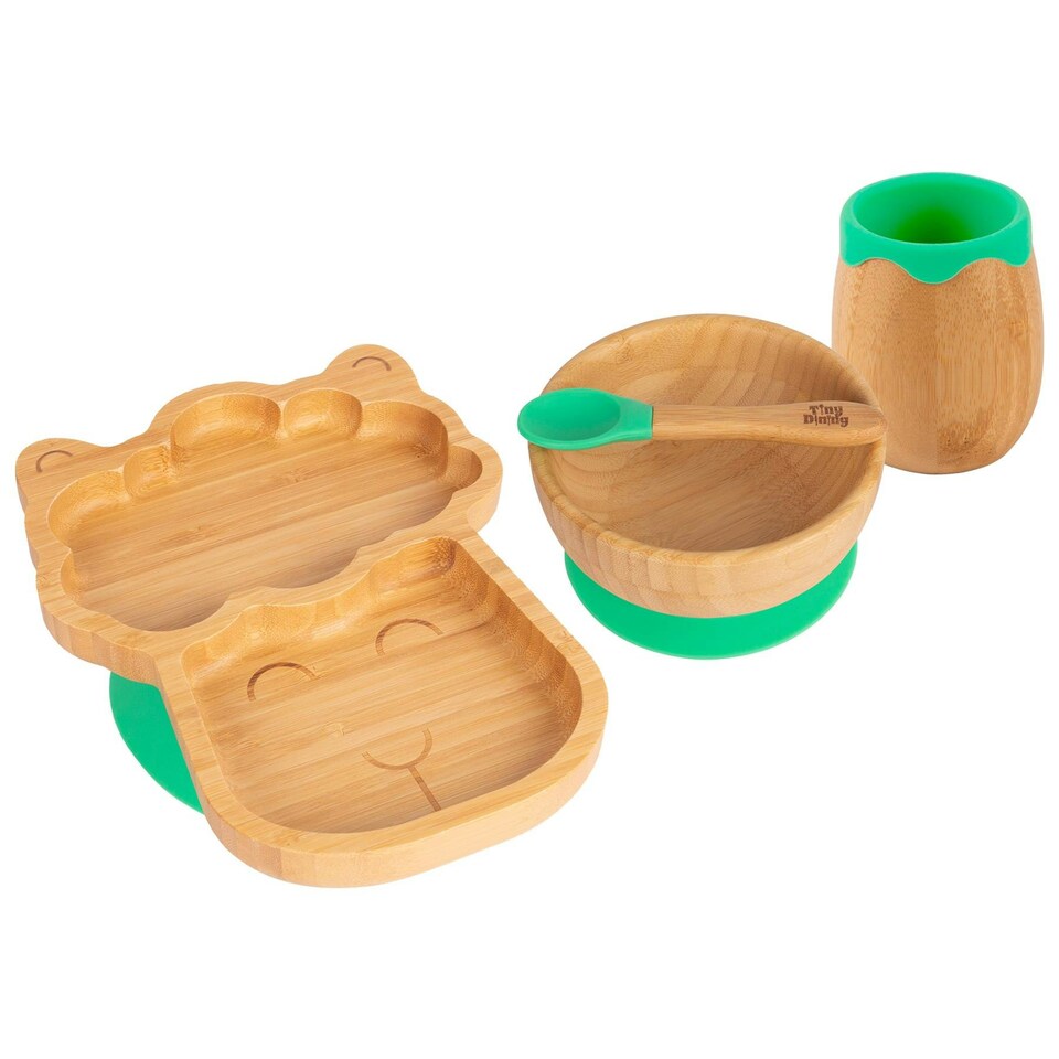 image 1 of Tiny Dining 4pc Llama Bamboo Suction Baby Feeding Set - Green