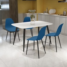 Aspen Tapered Legs Rectangular Dining Table and 4 Curve Plastic Seat Chairs with Metal Legs - White/Black/Blue - Flat Packed White