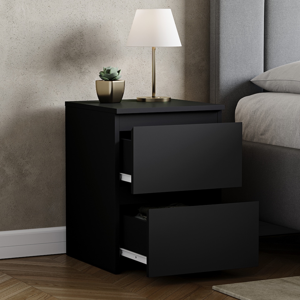 image 1 of Vida Designs Denver 2 Drawer Large Bedside Chest Cabinet Table Nightstand, Black