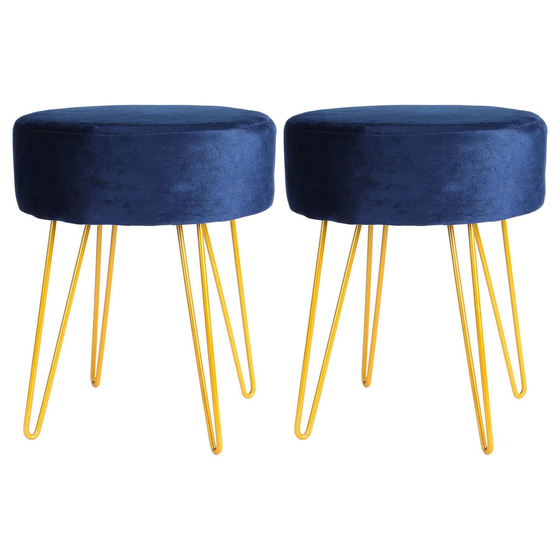 Harbour Housewares 2x Velvet Footstools - Round Modern Dressing Table Footstool Vanity Seat Chairs - 40 x 35cm - Blue/Gold Blue Blue/Gold Pack of 2 2