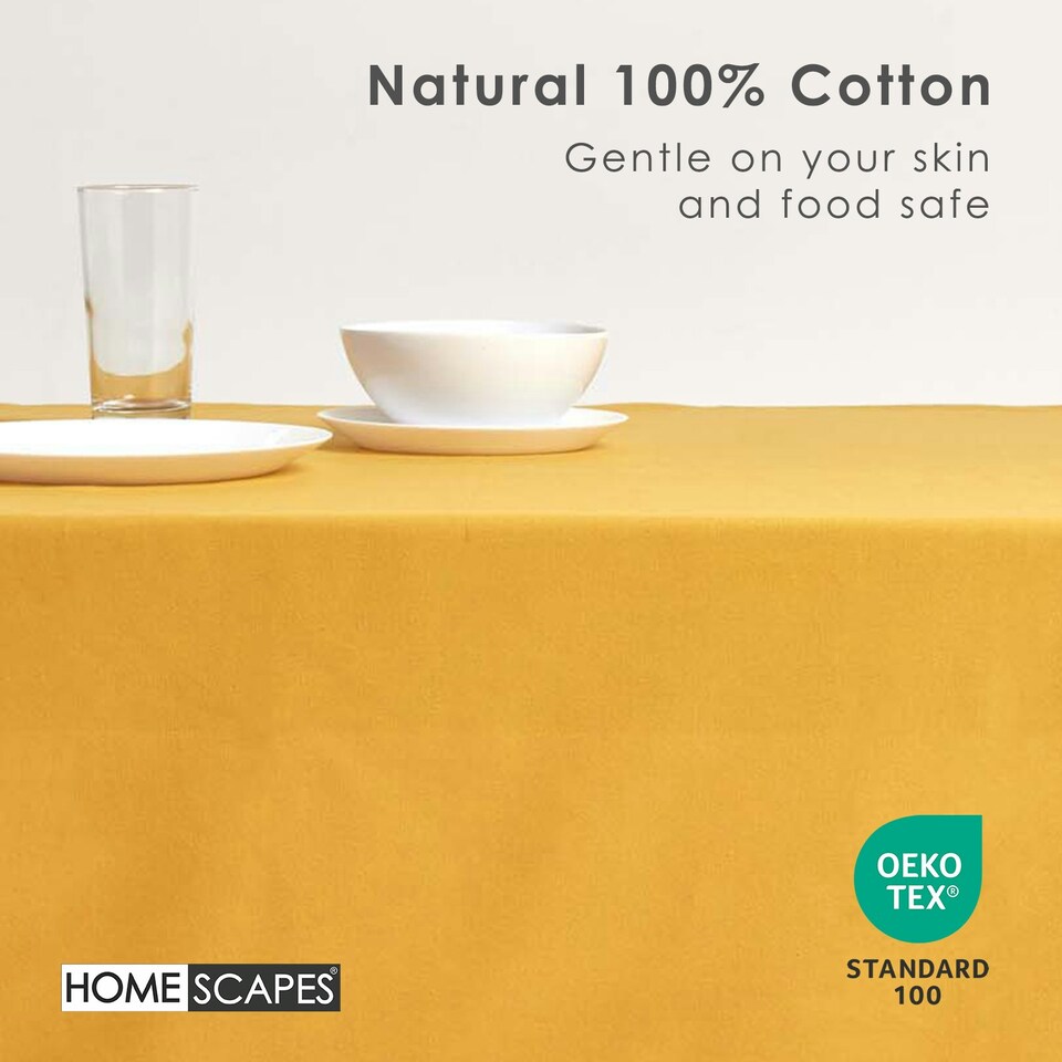 image 1 of Homescapes Mustard Yellow Cotton Round Tablecloth - 178 cm | Yellow | 178cm (70")