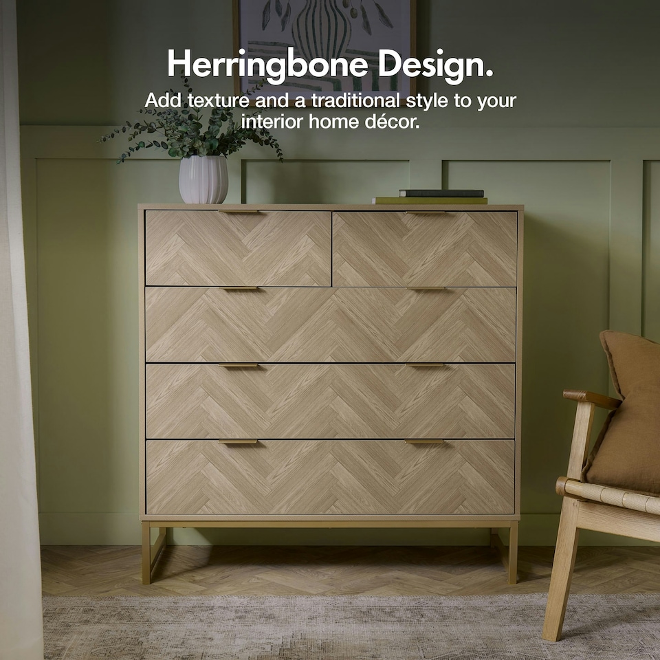 image 1 of VonHaus Ducie Chest of Drawers with Gold Frame & Herringbone Finish | Brown