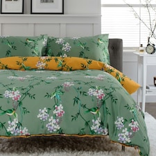 Bird Garden Sage & Gold 200 Thread Count Duvet Cover Set - Decorative Animal and Floral Bedding Design Green | Sage & Gold | King