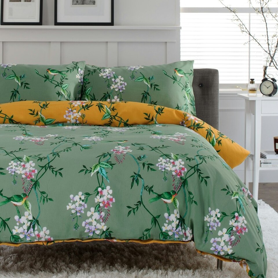 image 1 of Bird Garden Sage & Gold 200 Thread Count Duvet Cover Set - Decorative Animal and Floral Bedding Design Green | Sage & Gold | King