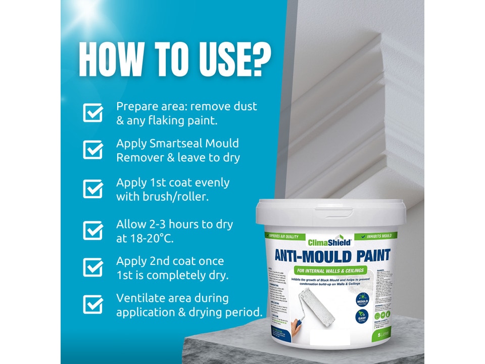 image 1 of SmartSeal - Anti-Mould Paint - Brilliant White (2.5L) For Bathroom, Kitchen and Bedroom Walls & Ceilings - Protection Against Mould