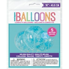 Pack of 5 16" Clear Latex Balloons with Blue Heart Confetti