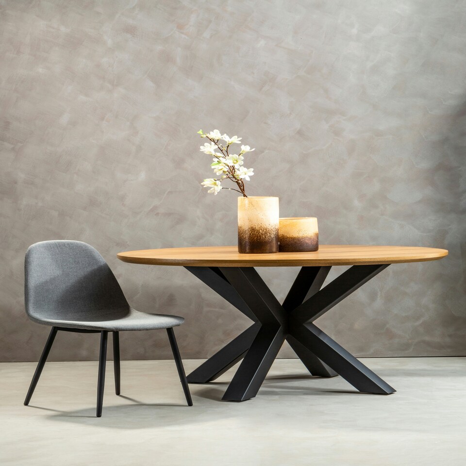 image 1 of Interiors By Premier Contemporary Wood Veneer Top Dining Table With Black Metal Legs, Elegant Dining Table, Sturdy Modern Table Black