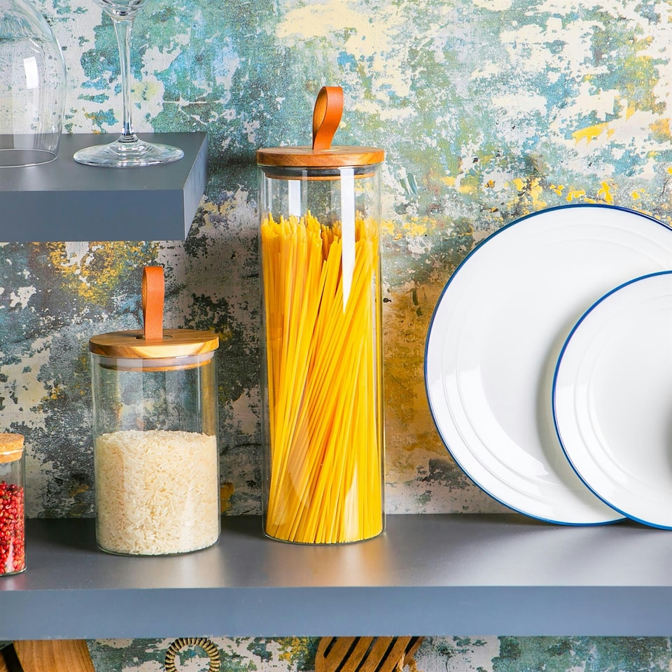 image 1 of Argon Tableware Glass Storage Jars with Wooden Lids - Leather Loop - 2 Litre - Pack of 3