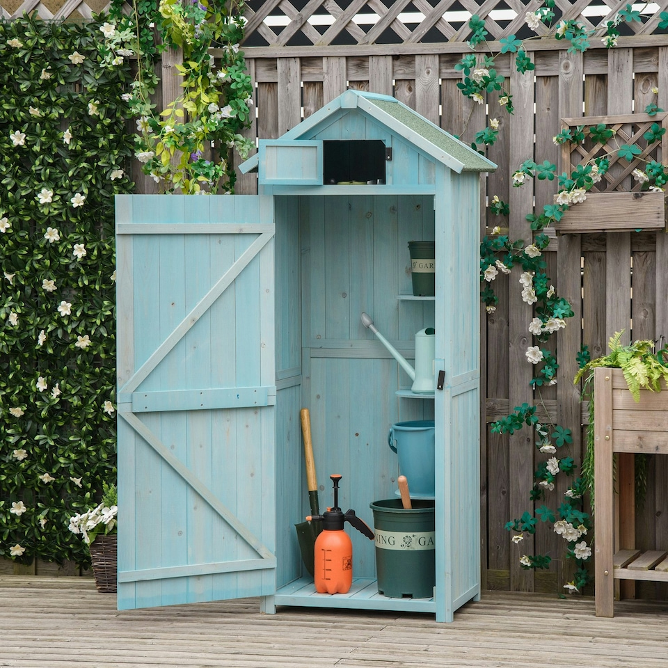 image 1 of Outsunny Wooden Garden Storage Shed Outdoor Tool Storage Box, Blue