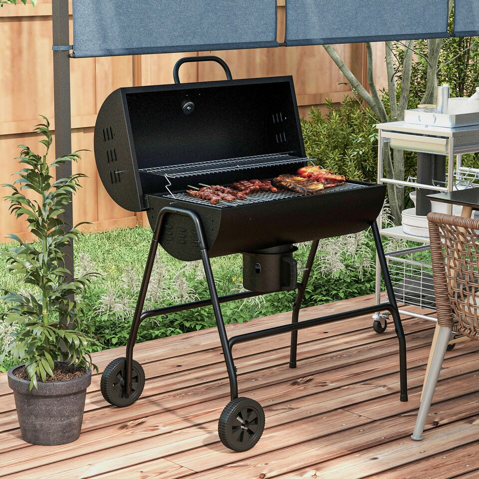 image 1 of Outsunny Barrel Charcoal Barbecue BBQ Grill Trolley W/ Ash Catcher Thermometer