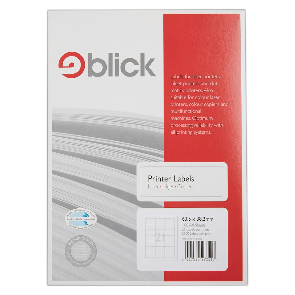 image 1 of Blick 21 Per Sheet 100 Sheets, 63.5mm x 38.2mm, Rectangular, White, 2100 Labels