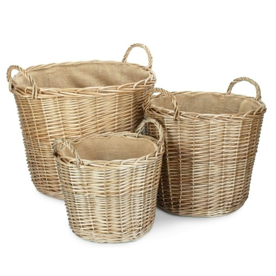 image 1 of Set of 3 Chestnut Finish Wicker Round Lined Log Basket