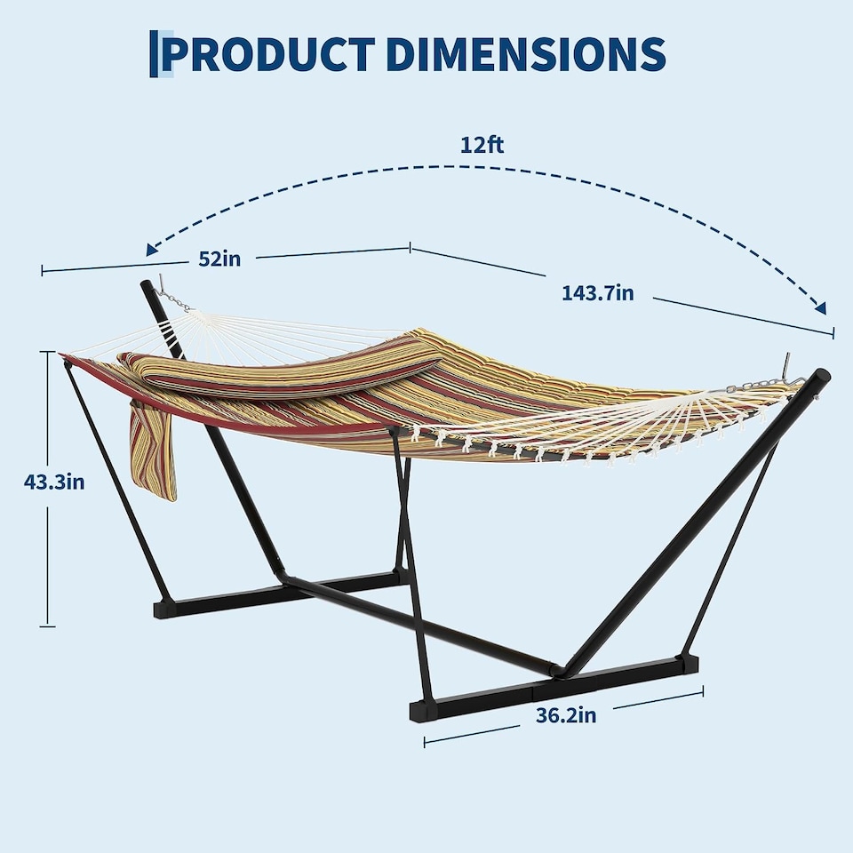 image 1 of London Boutique 12FT Double Hammock with Stand, Garden Hammock with Pillow and Balance Ropes, Red and Yellow