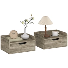 HOMCOM Floating Nightstands Set of 2, Nightstand with Drawer | Grey | Natural wood | 40W x 30D x 19.5H cm