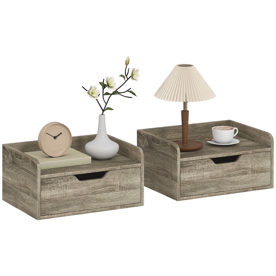 image 1 of HOMCOM Floating Nightstands Set of 2, Nightstand with Drawer | Grey | Natural wood | 40W x 30D x 19.5H cm