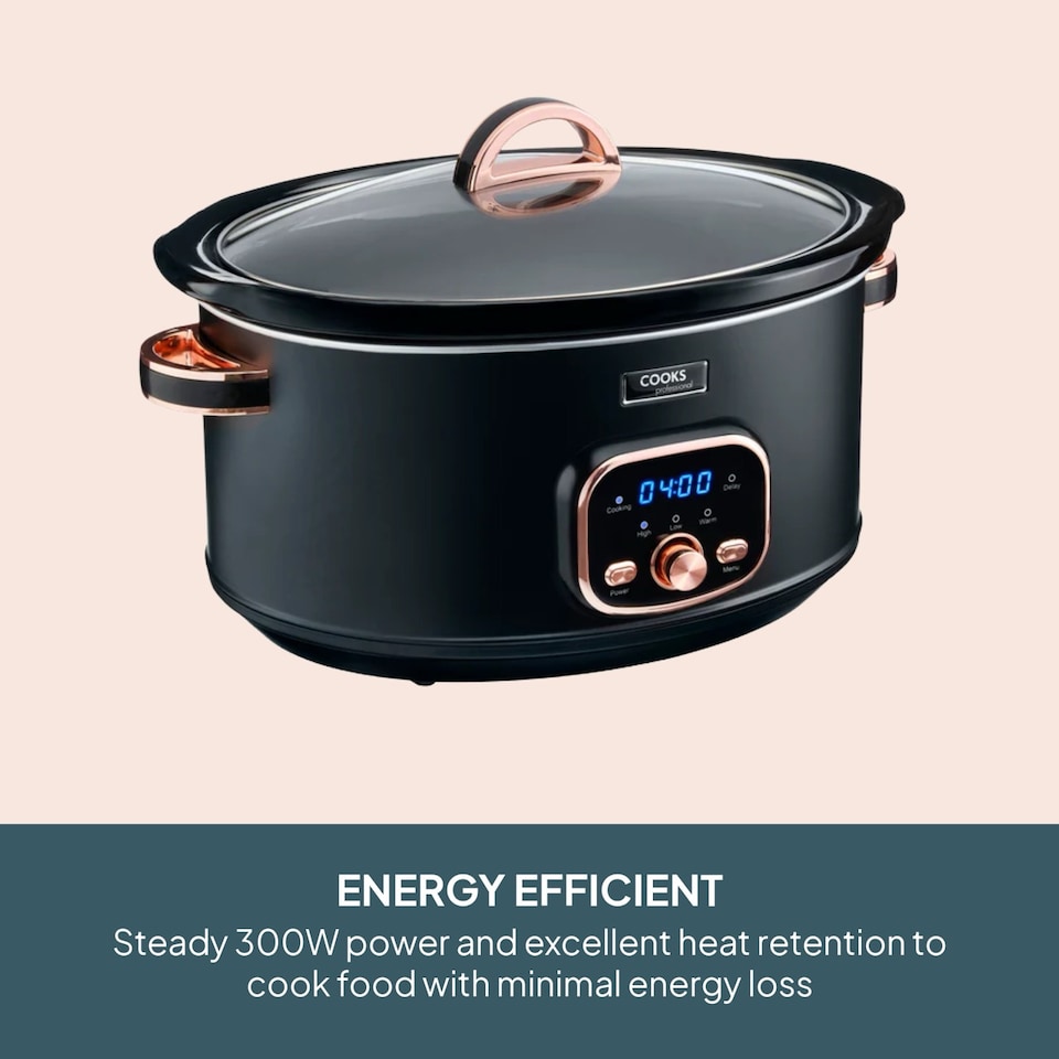 image 1 of Cooks Professional 6.5L Digital Slow Cooker with Lid, Removable Bowl & 3 Heat Settings | Black | Black & Copper