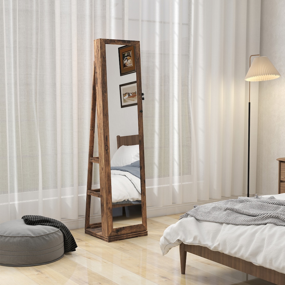 image 1 of HOMCOM 360  Swivel Jewellery Cabinet, Free Standing Full Length Mirror with Storage, Lockable Jewellery Organiser with Built-in Makeup Mirror and Storage Shelves for Bedroom, Rustic Brown | Brown | Rustic Brown