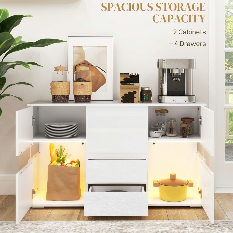 image 1 of HOMCOM LED Sideboard, High Gloss Storage Cabinet with 4 Drawers, White White