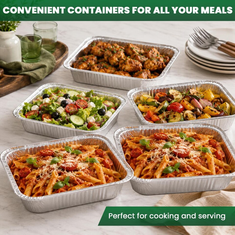image 1 of ECONX No9 Large Aluminium Foil Containers With Lid 9x9" Takeaway Catering Meal Prep Foil Baking Tray Pack Of 100