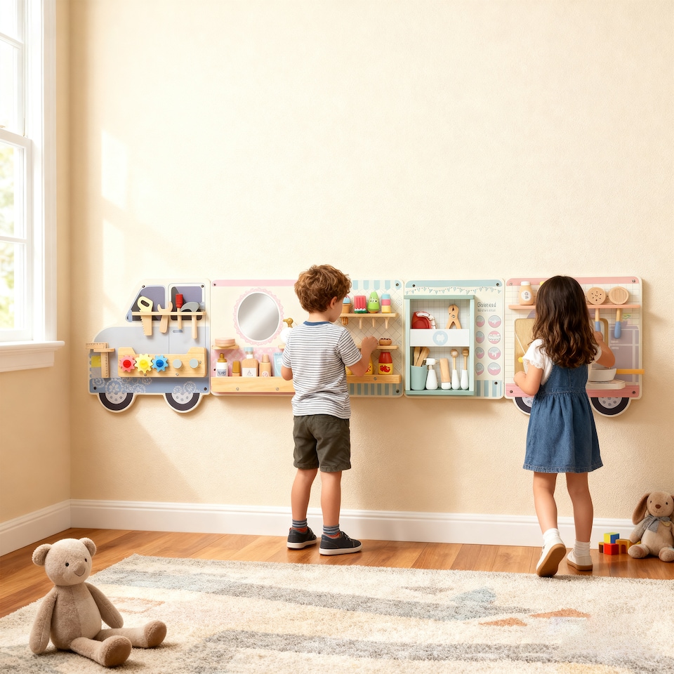 image 1 of AIYAPLAY Wooden Truck Busy Board, Activity Wall Panels for Kids, 5 in 1 Sensory Wall Toys, Early Educational Learning Toys for Daycare, Playroom, Home, for Toddlers, Boys and Girls 3 Years+