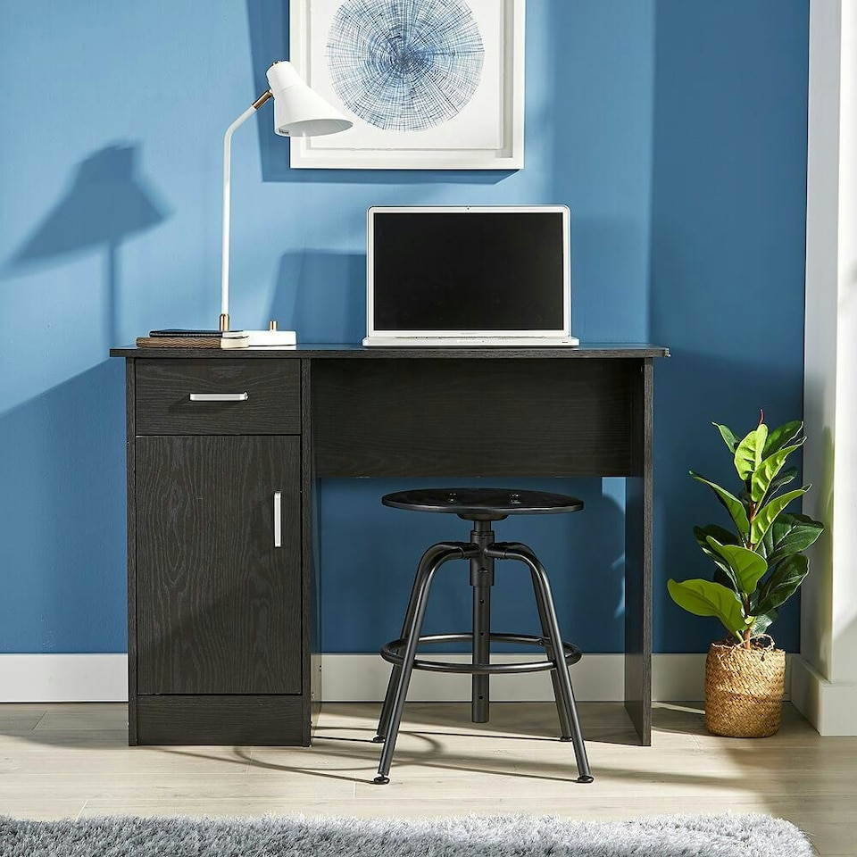 image 1 of Computer Desk 1 Drawer 1 Door Compact Workstation Home Office Table Black