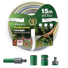 Garden Hose Pipe, 12.5mm x 15m Starter Set, Including 2 in 1 Faucet Tap Adapter, Hose End Quick Connector and Sprayer, Re-Enforced PVC Layering, Hard-Wearing Hosepipe for Outdoor Garden Car Washing