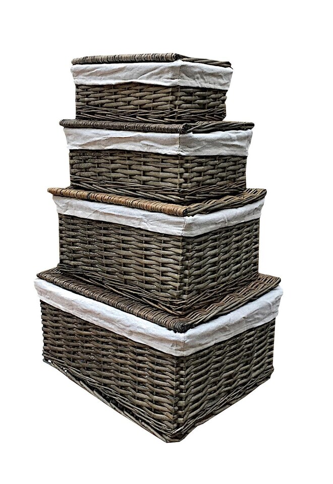 image 1 of SET OF 2 Lidded Wicker Storage Basket With Lining Xmas Hamper Basket Brown Medium 35 x 24 x 15 cm | Brown | Brown