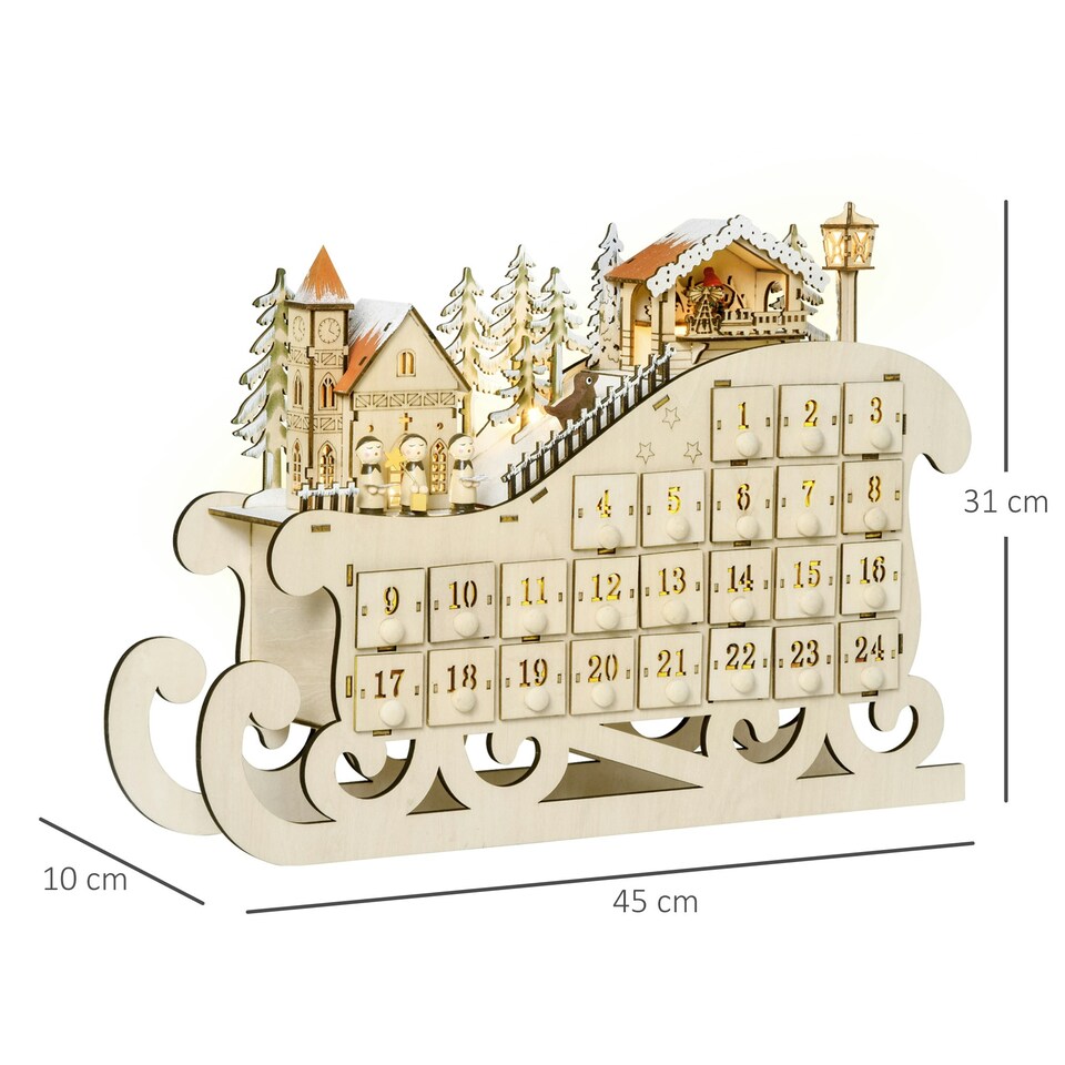 image 1 of HOMCOM Christmas Advent Calendar Light Up Sleigh w/ Countdown Drawer, Village