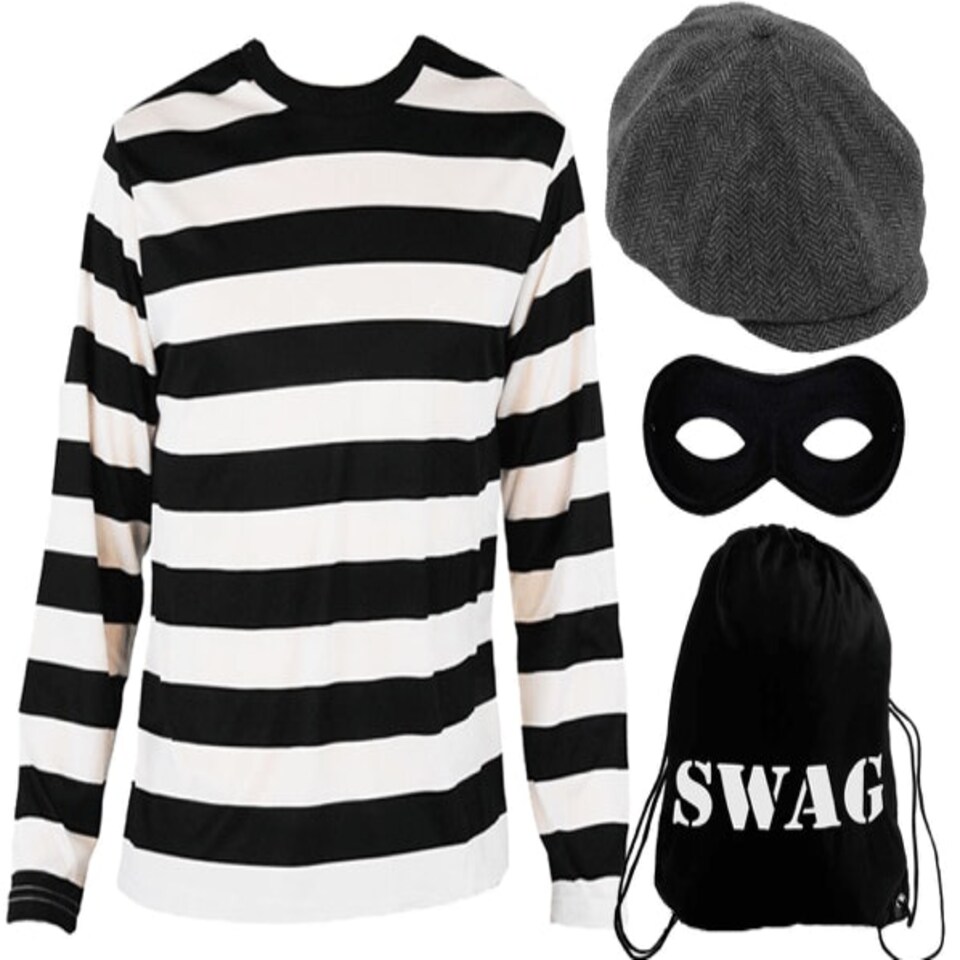 image 1 of Storybook Burglar Costume - Long Sleeve Top, Grey Hat, Mask & Swag Bag Black | S