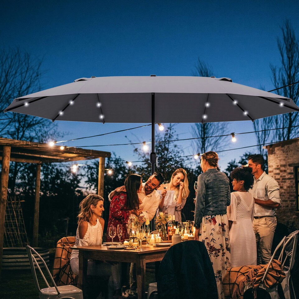 image 1 of Outsunny 4.4m Double-Sided Sun Umbrella Patio Parasol Solar Lights Khaki