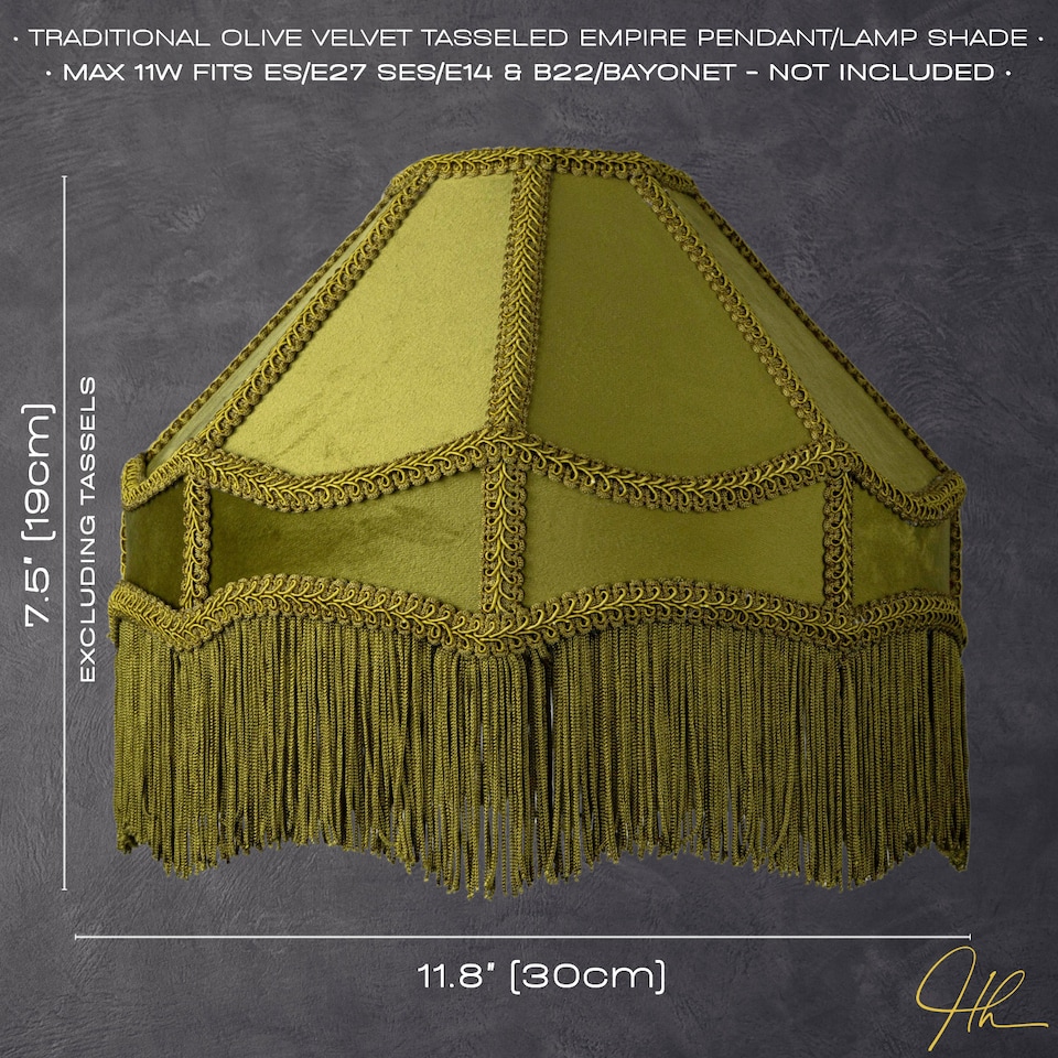 image 1 of Traditional Victorian Empire Lamp Shade in Olive Green Velvet with Long Tassels | Green | 12"