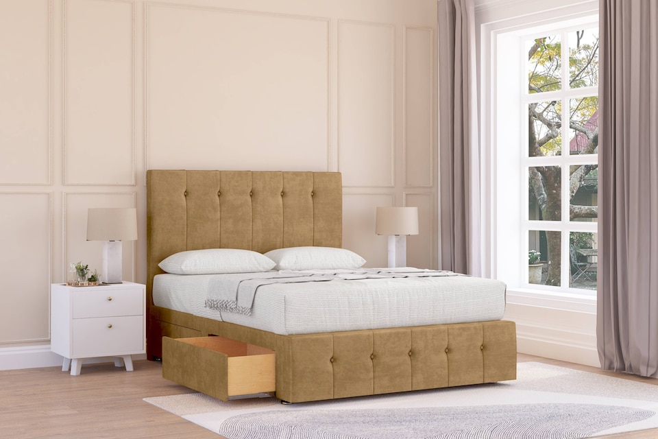 image 1 of Sloomy Cambridge Mink Plush Divan Bed Base 2 Drawers Foot-End With 26 Inch Strutted Headboard & 12 Inch Matching Footboard | Brown | Mink | Double | 1