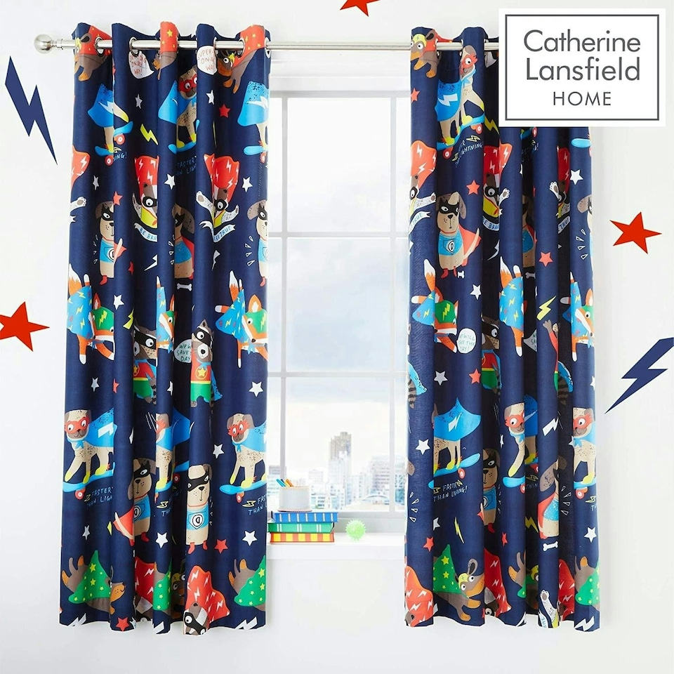 image 1 of Catherine Lansfield Super Dog Fully Lined Eyelet Curtains Blue Blue | 66x72"