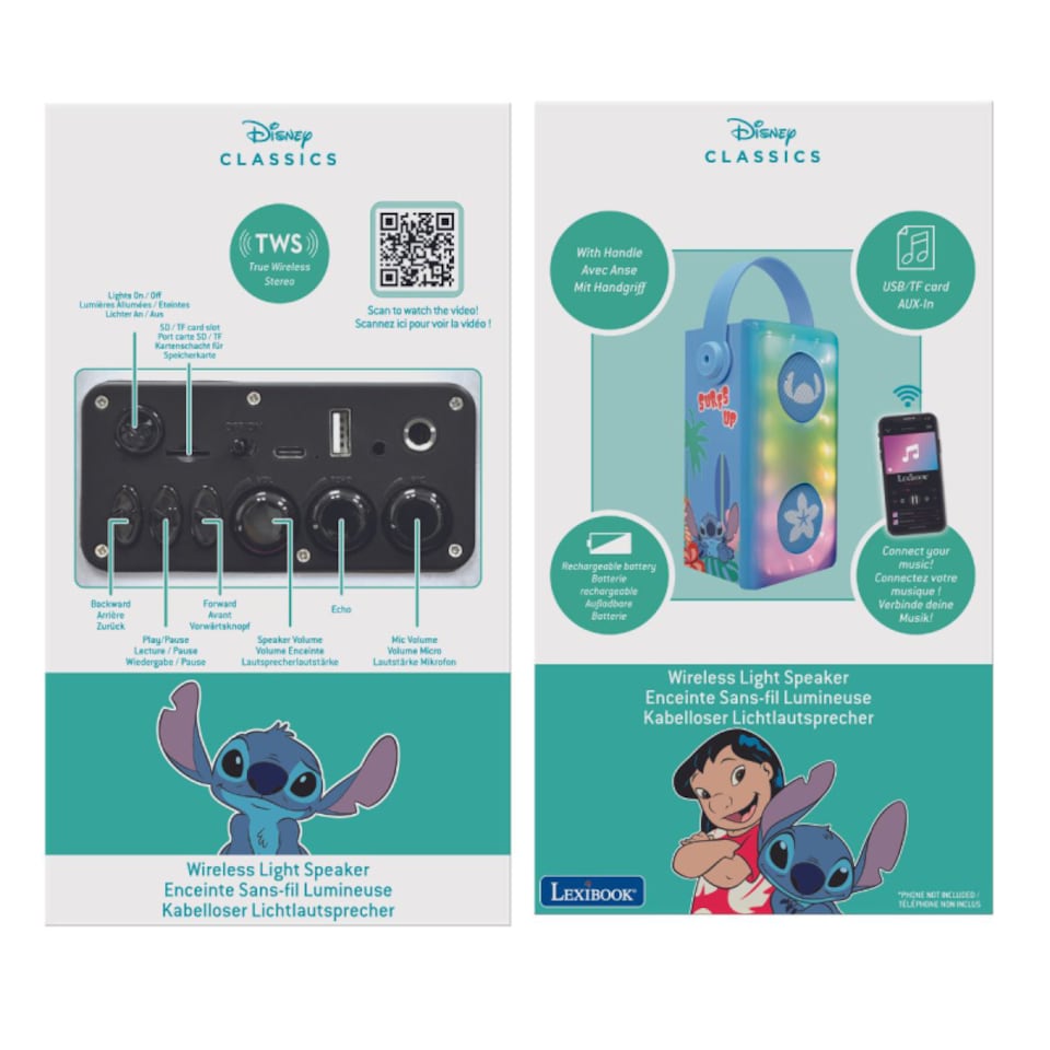 image 1 of Lexibook BTP185DZ Disney Stitch Luminous Bluetooth Speakers with Lights & Mic