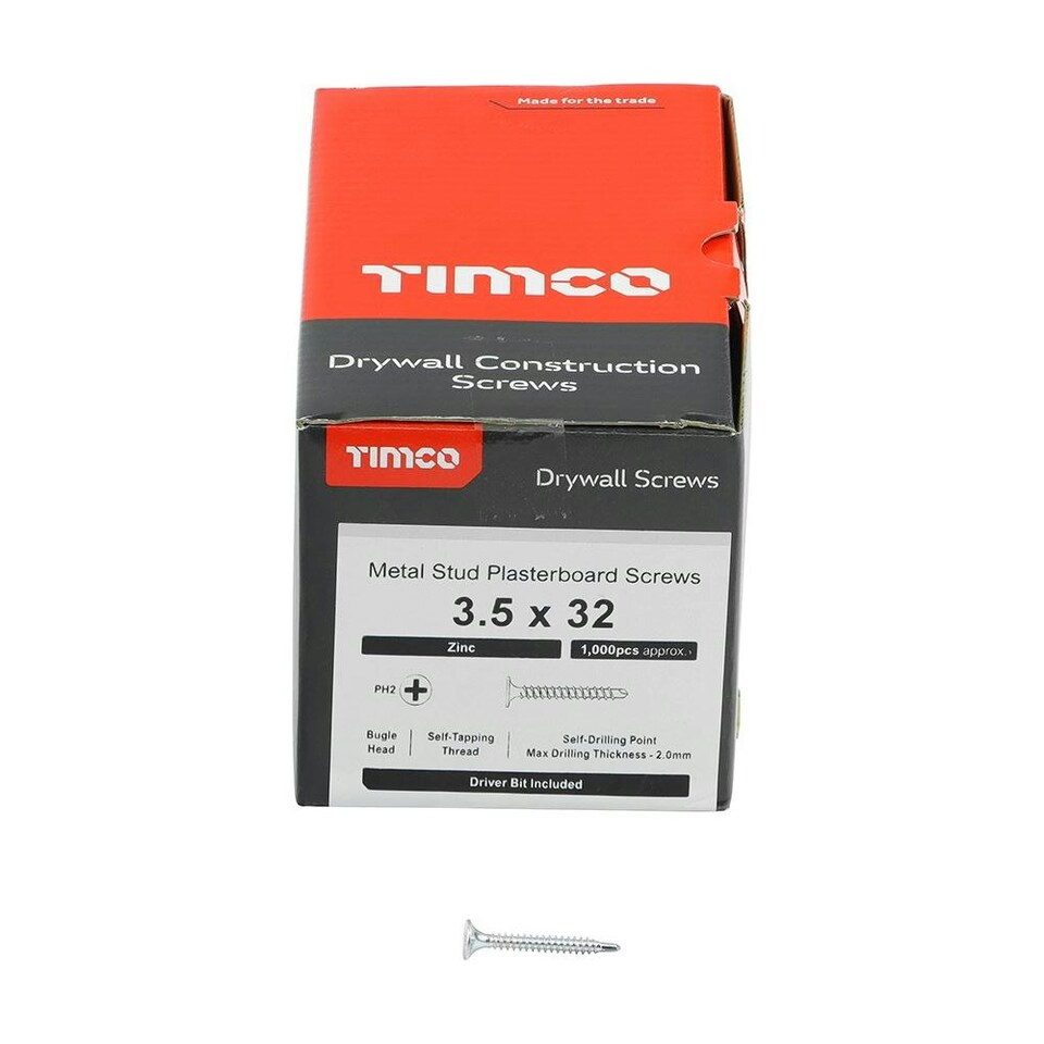 image 1 of Timco - Drywall Metal Stud Plasterboard Screws - PH - Bugle - Self Drilling - Zinc (Size 3.5 x 32 - 1000 Pieces)