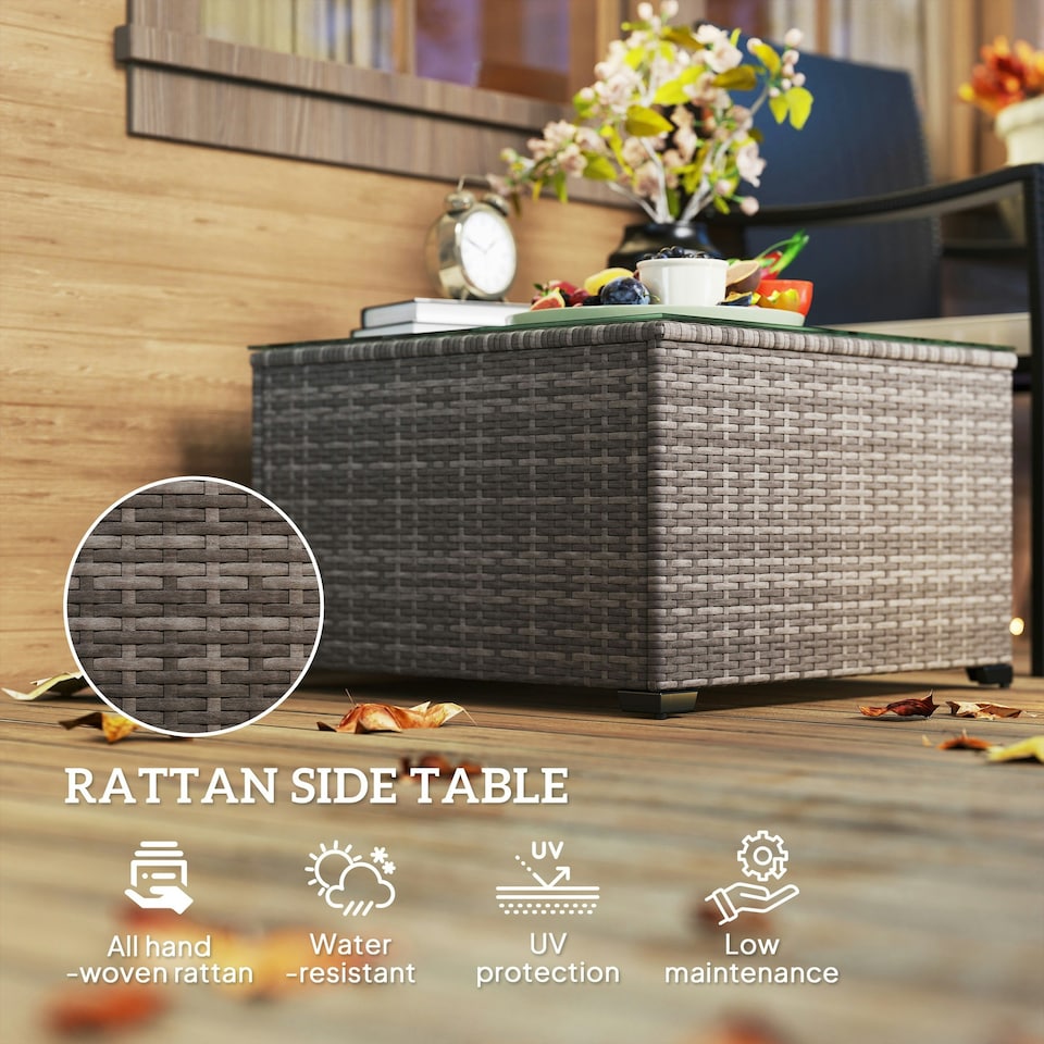 image 1 of Outsunny Outdoor Coffee Table with Glass Top, Rattan Side Table 