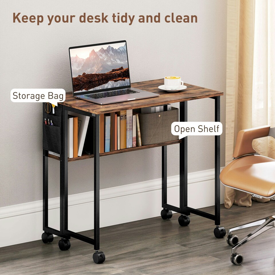 image 1 of HOMCOM 80 cm Foldable Computer Desk on Wheels for Small Spaces | Brown