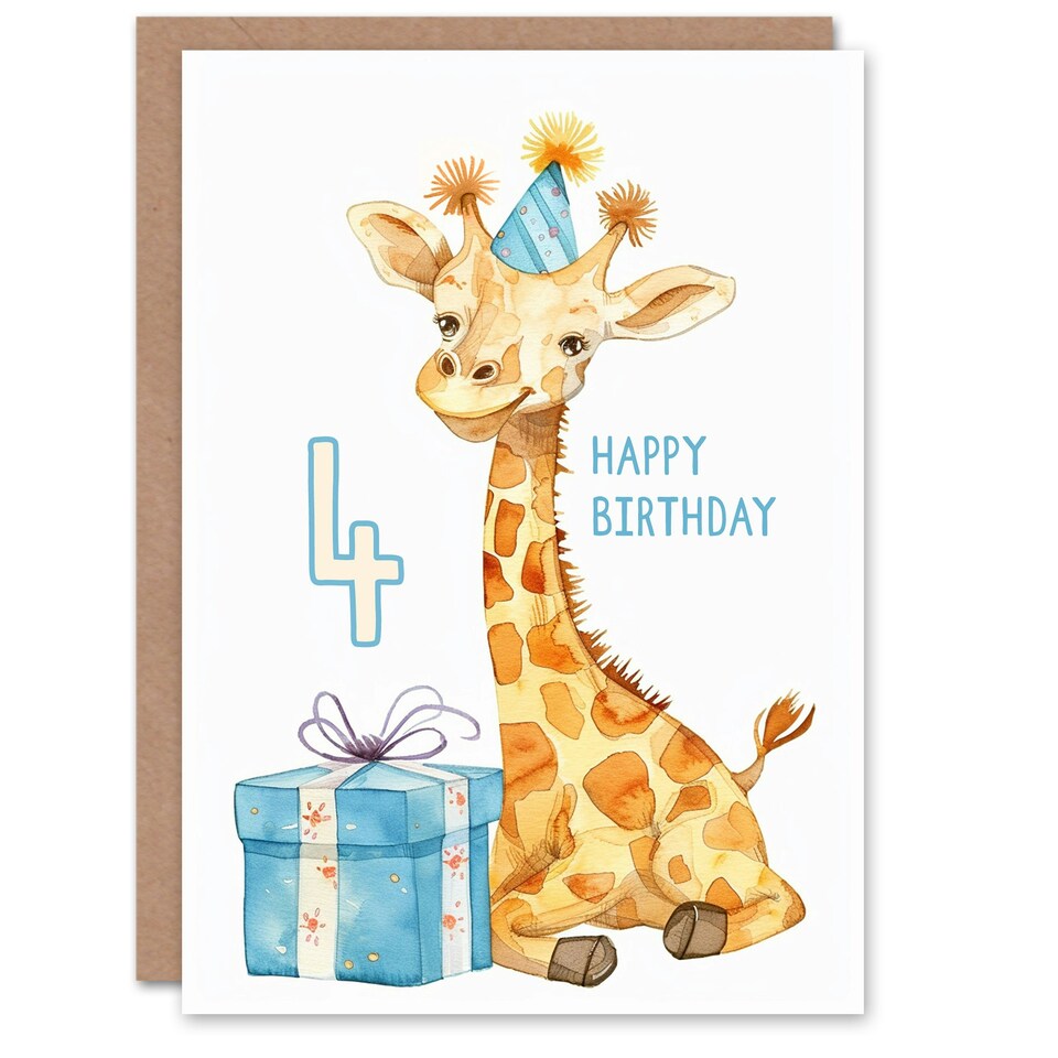 image 1 of Cute Party Hat Cartoon Fun Age 4 Year Old Child Kids 4th Birthday Card