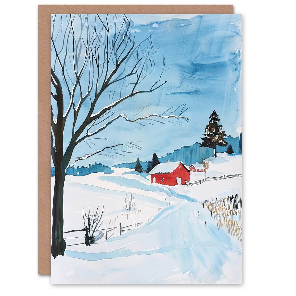 image 1 of Greeting Card Red Swedish Cottage in Winter Snow Countryside Birthday