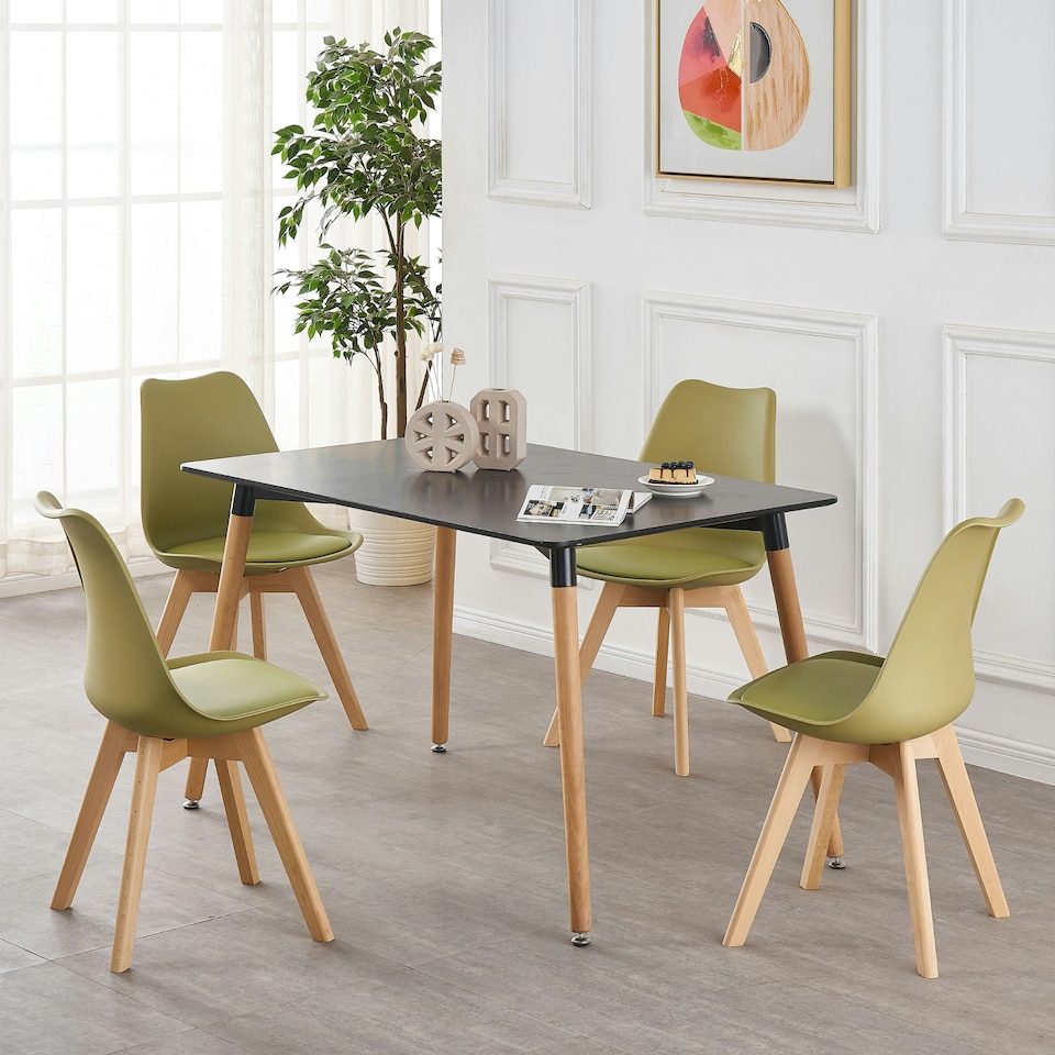 image 1 of Set of 4 Scandinavian Dining Chairs with Leather Cushions Solid Wood Legs | Green | Lime Green