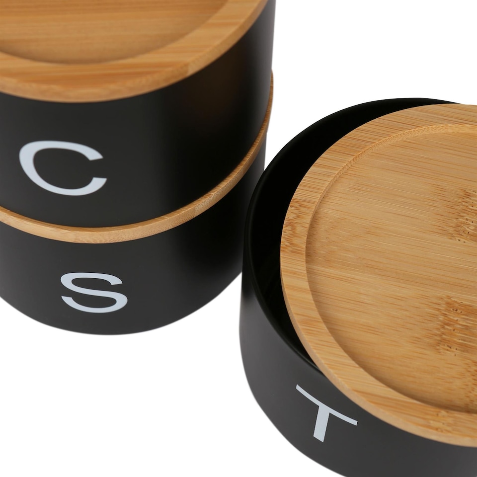 image 1 of Harbour Housewares 3pc Stacking Tea Coffee Sugar Canister Set with Bamboo Lids - Black