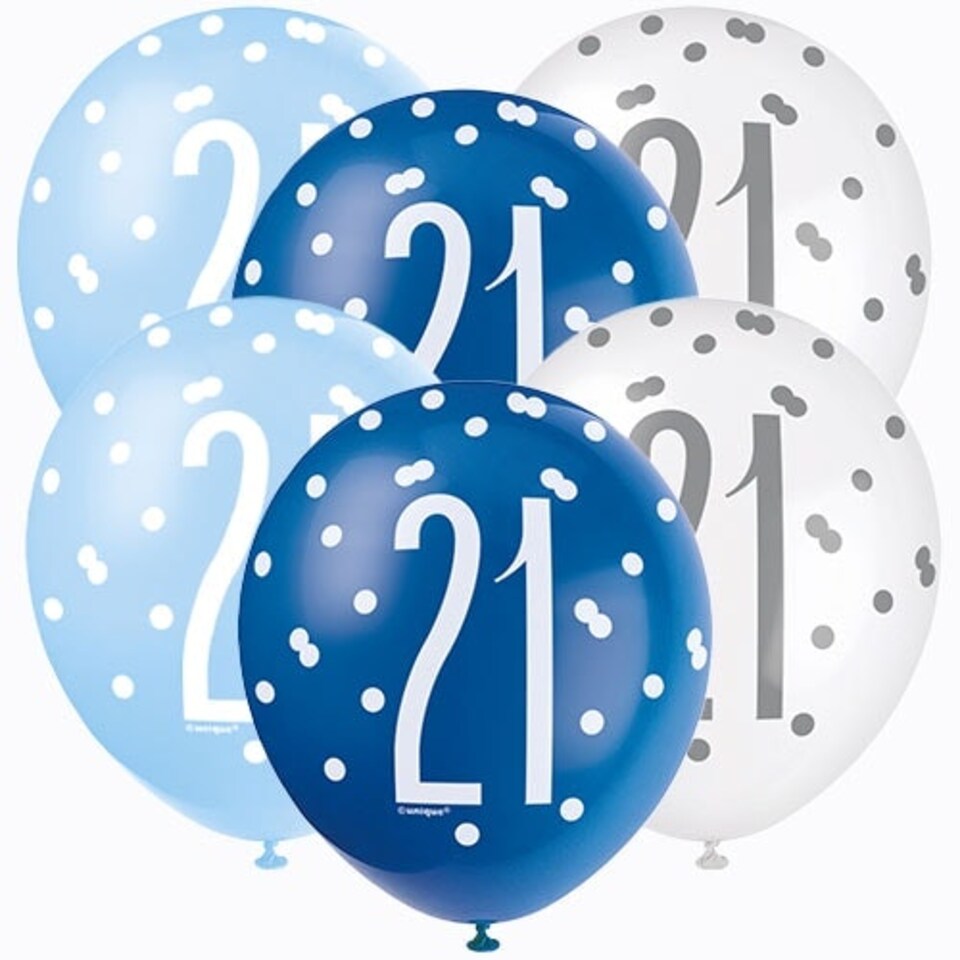 image 1 of Blue Glitz Age 21 Assorted Biodegradable Latex Balloons 30cm / 12 in - Pack of 6
