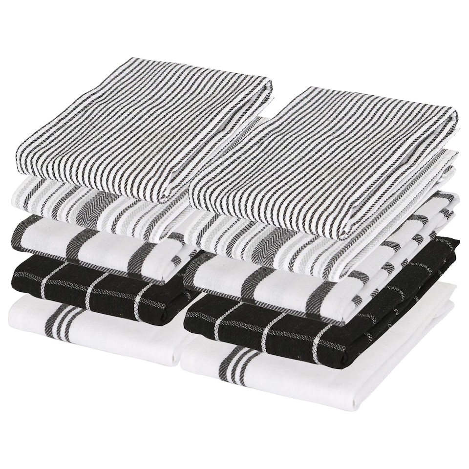 image 1 of Nicola Spring 10pc Cotton Tea Towel Set - 70cm x 50cm - Monochrome